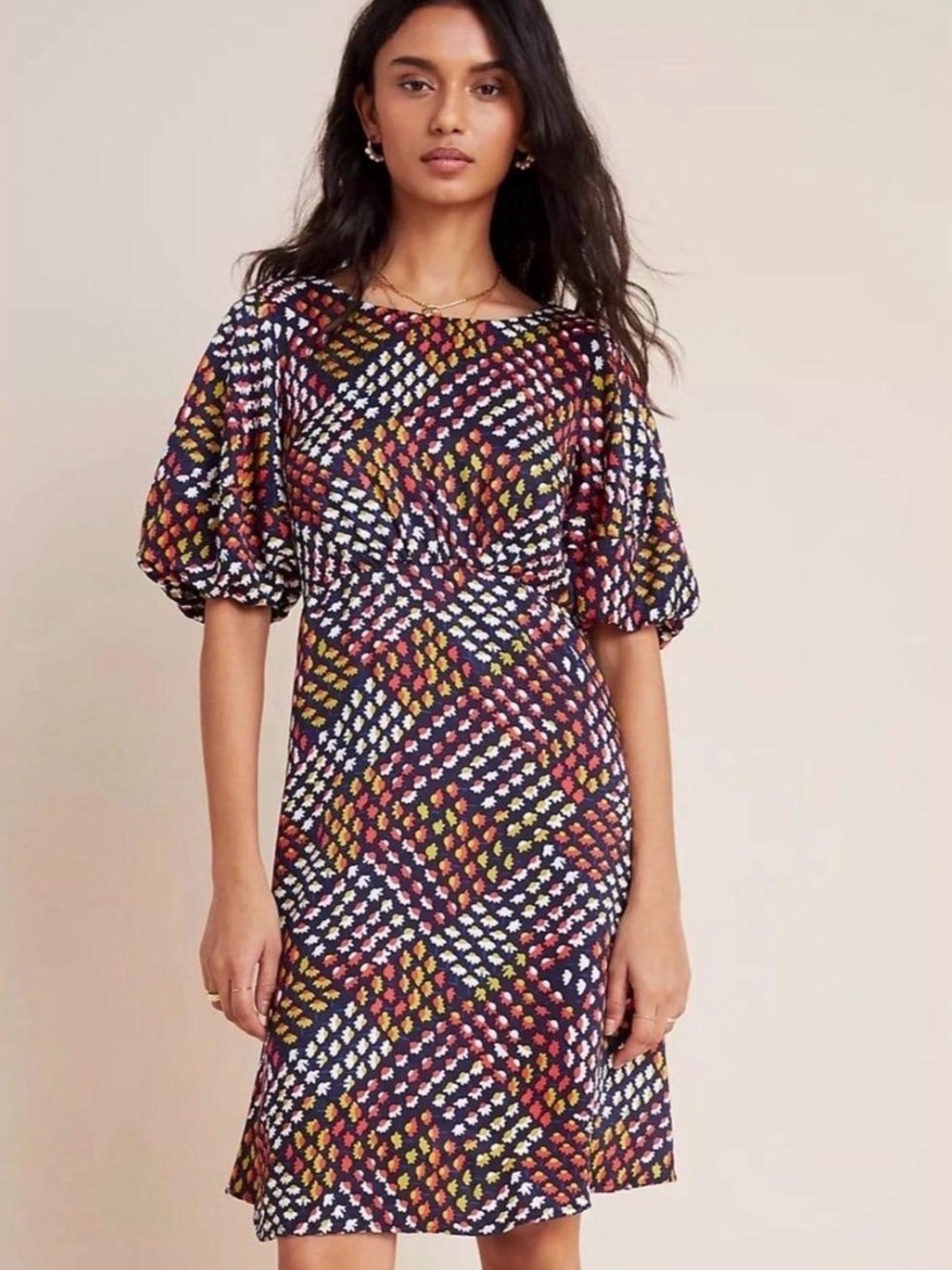 Anthropologie Navy Multicolor Geometric Puff-Sleeve Midi Dress